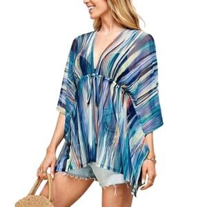 Blue Multicolor Sheer Mesh Cinched Waist V-Neck Oversize Cover-Up Plus 2X/3X NWT